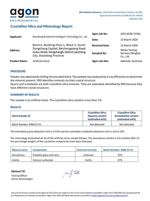 Artificial Stone Silica-Free Test Report
